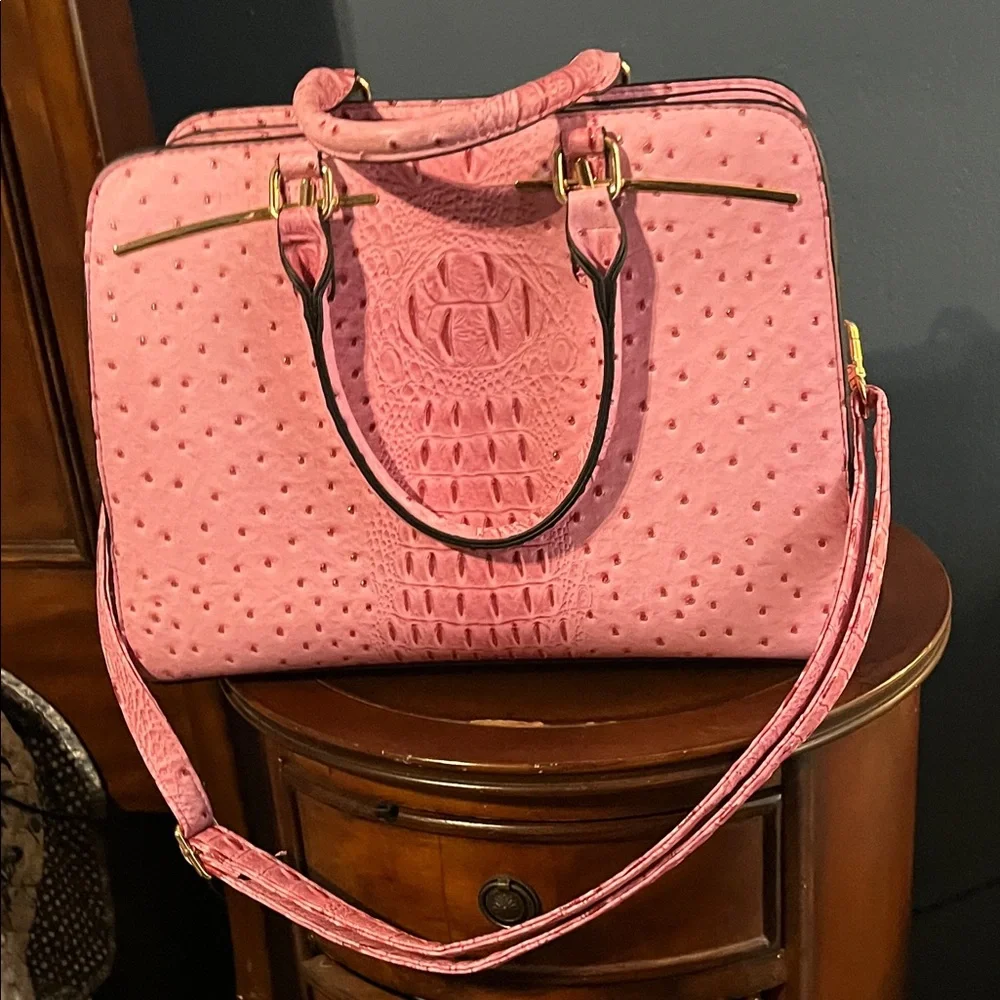 Women's Pink Faux Ostrich Leather Satchel Bag